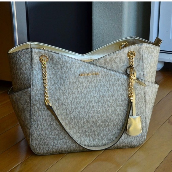 Michael Kors Handbags - Michael Kors Beige Logo Tote with Gold Chain Straps